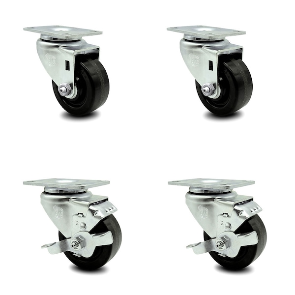 3 Inch Phenolic Wheel Swivel Top Plate Caster Set with 2 Brakes